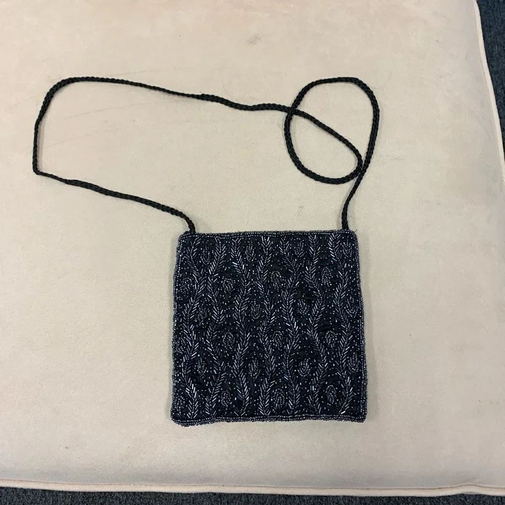 Black Square Seed Bead Corded Evening Bag
